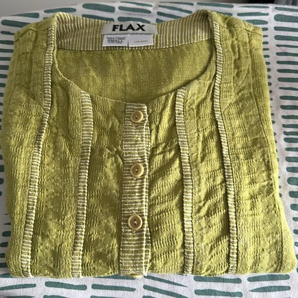 FLAX 100% LINEN “ I Am Happy” Embroidered Long Sleeve Top Lime Green Size S - Picture 9 of 9